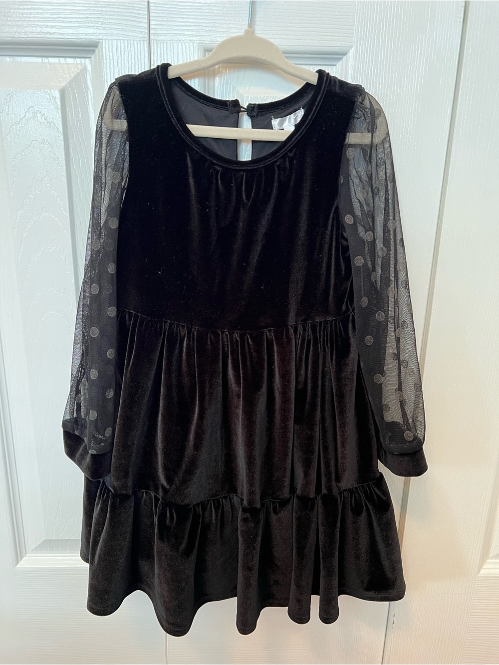 Girls' Black Velvet Tiered Dress with Dot Mesh Sleeves